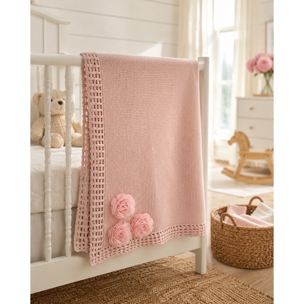 Bonbini New York Blush Pink Cotton Baby Blanket Rosette Appliqué 0-6M 33x46